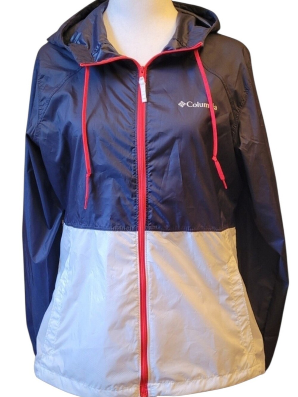 Columbia Navy and White Hooded Windbreaker with Red Trim